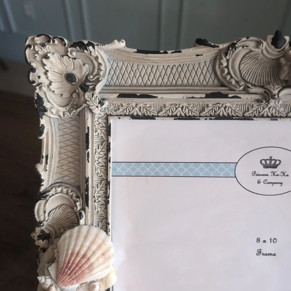 Vintage Style 8x10 Shell Picture Frame Ornate Distressed Cream Coastal Sea Life